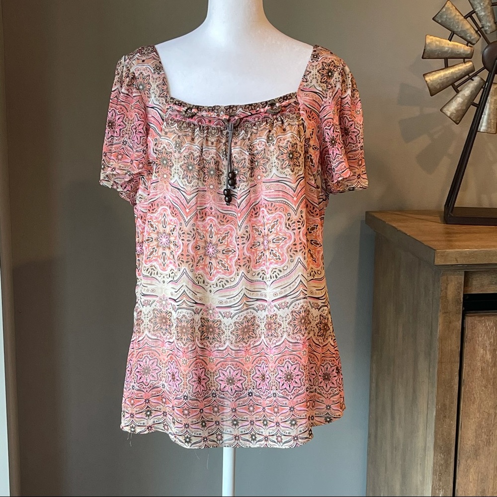 🥳HP🌺Dress Barn Short Sleeve Peach & Cream Blouse